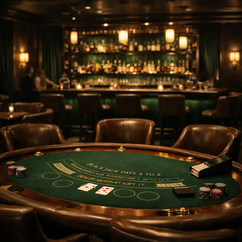 The Casino Lounge at Diningmavex with a blackjack table, leather chairs, and emerald green accents