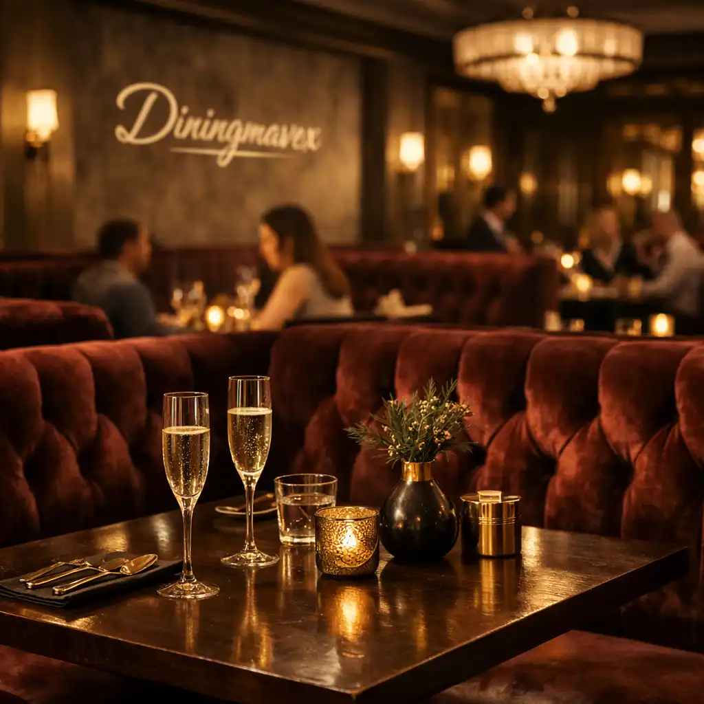 The Dining Room at Diningmavex with plush velvet booths, dark wood tables, and warm candlelight