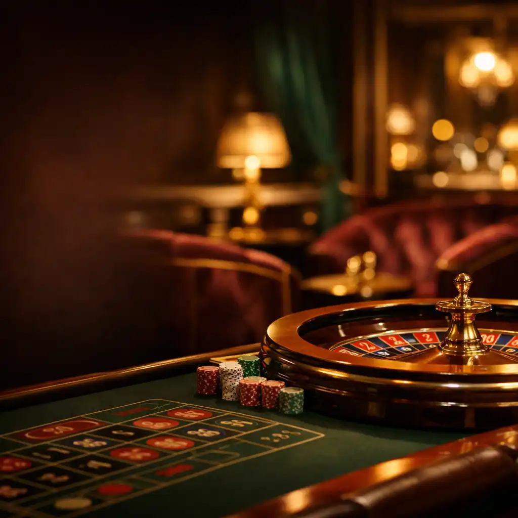 Opulent casino lounge interior with dark velvet seating, brass details, and a roulette table in warm low lighting