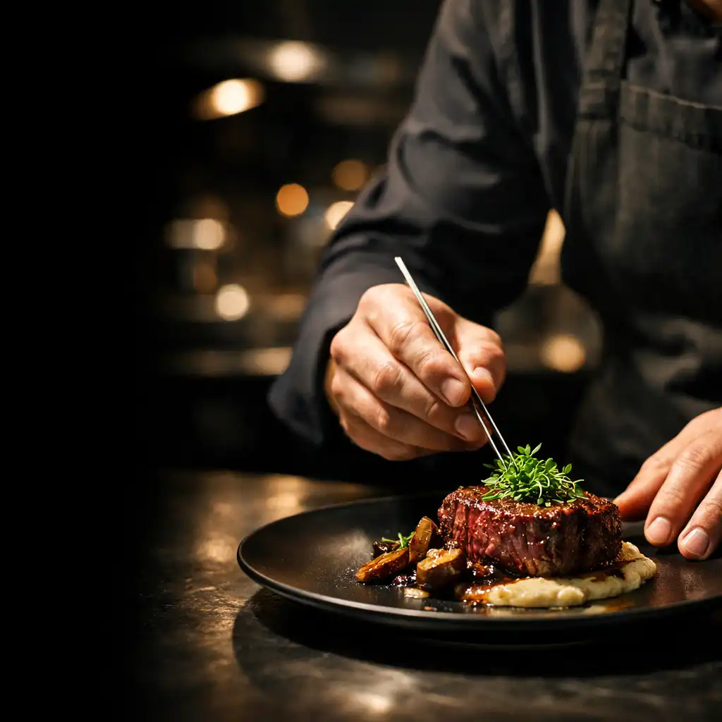 Chef carefully plating a dish in the Diningmavex kitchen