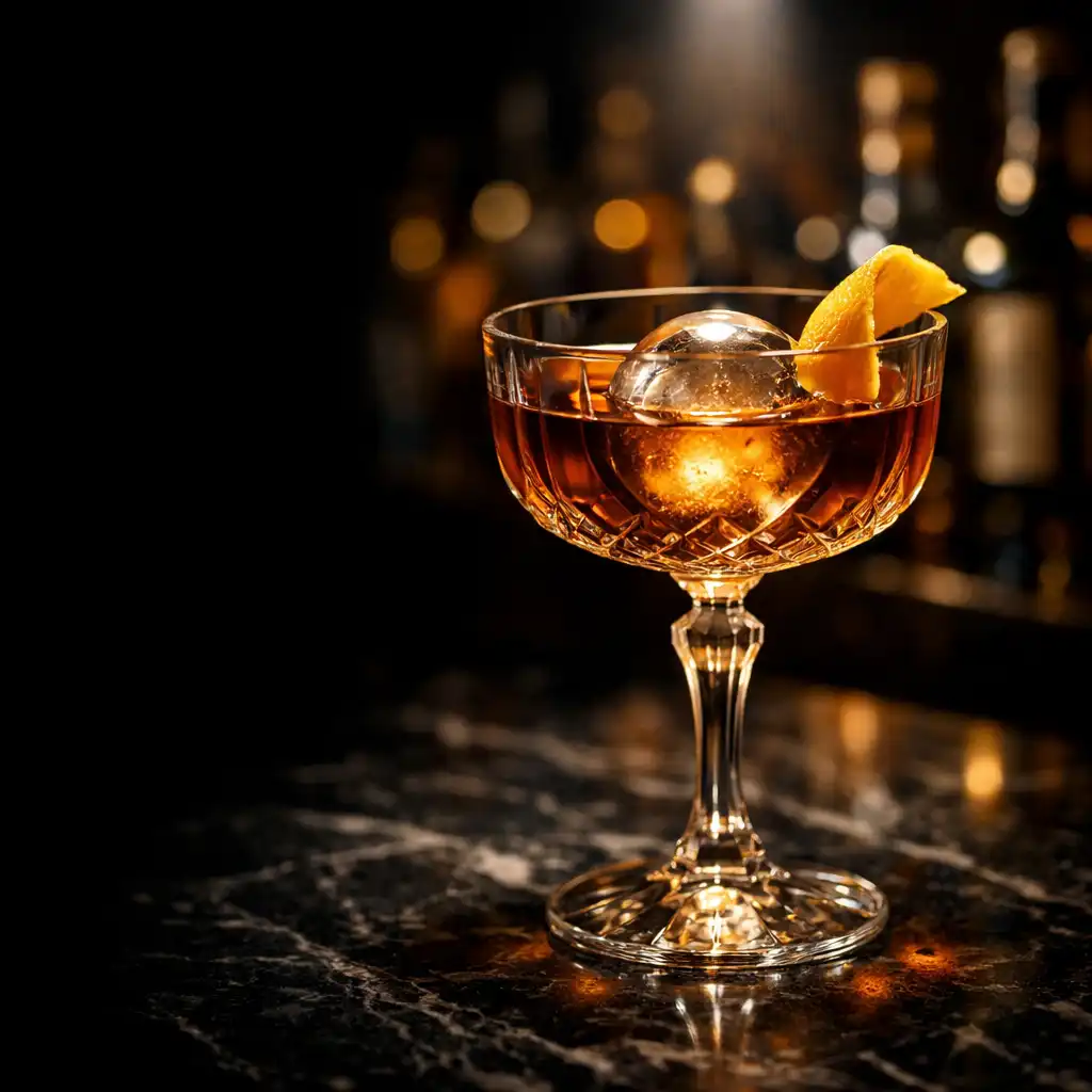 Craft cocktail in a coupe glass with orange peel garnish