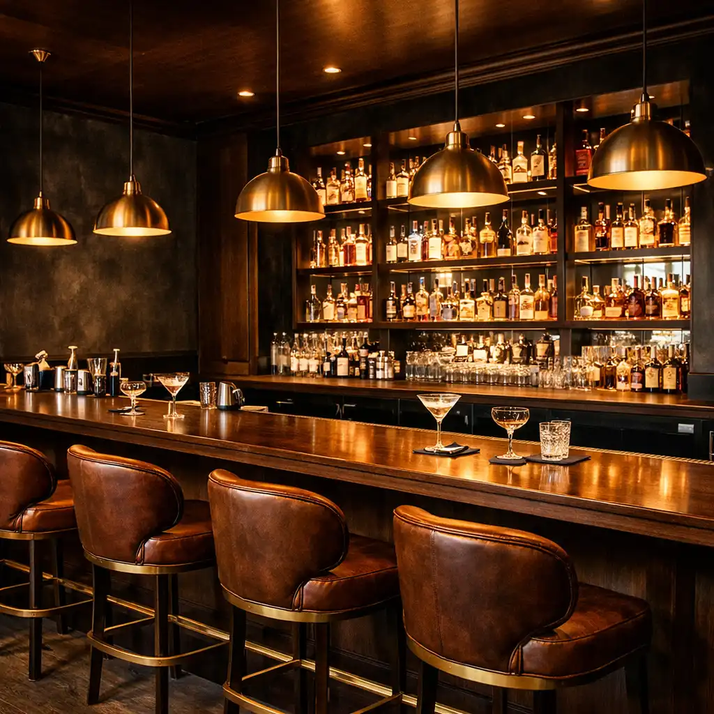 The bar lounge at Diningmavex with a long dark wood bar, backlit shelves, and leather bar stools