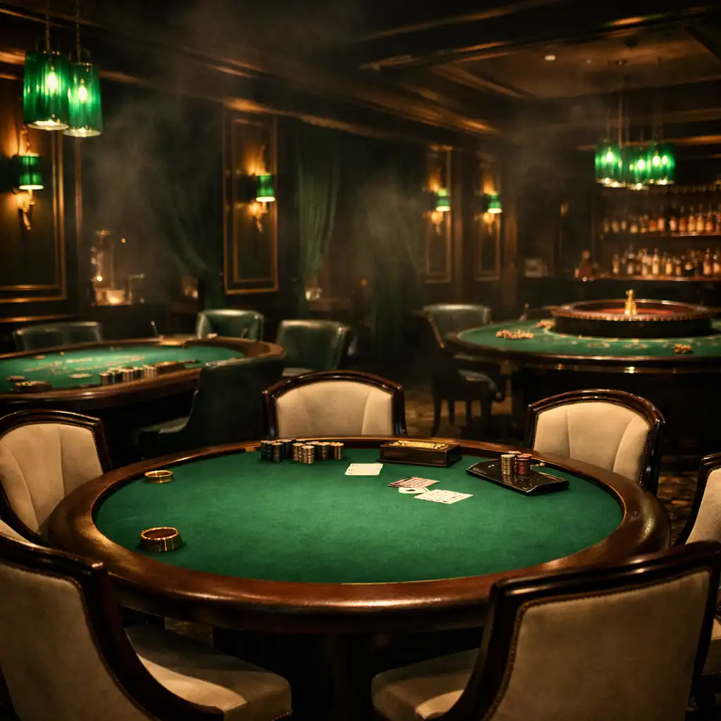 The casino lounge at Diningmavex with gaming tables, green felt surfaces, and emerald accent lighting