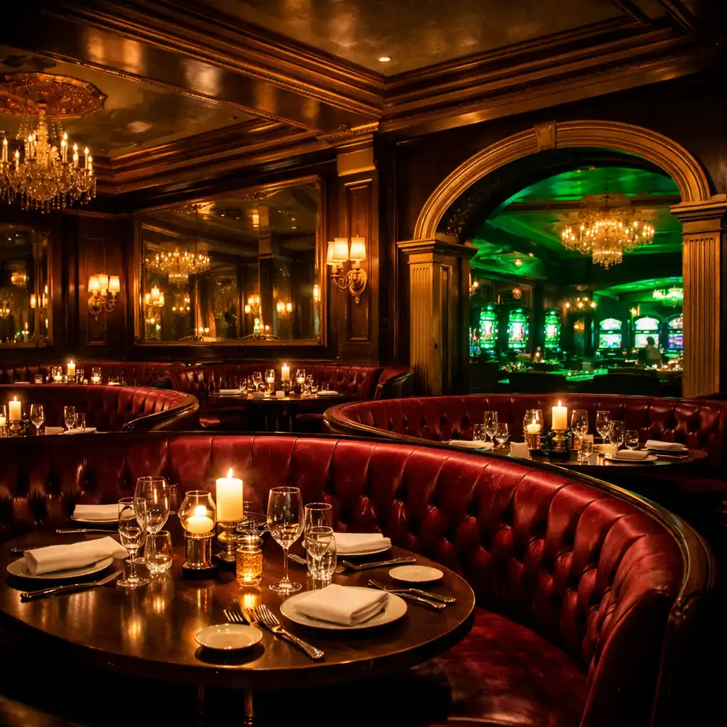The main dining room at Diningmavex with plush burgundy booths, candlelit tables, and champagne gold accents