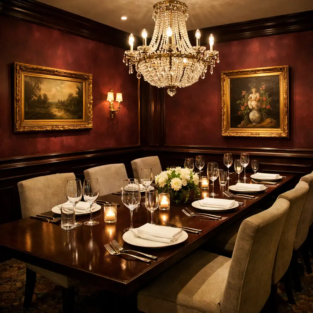 The private dining room at Diningmavex with a long table set for eight, burgundy walls, and a crystal chandelier