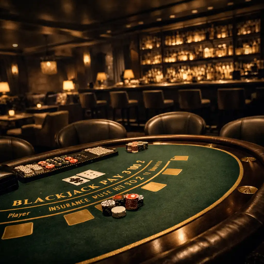 Casino lounge at Diningmavex with a blackjack table, plush seating, and a backlit bar