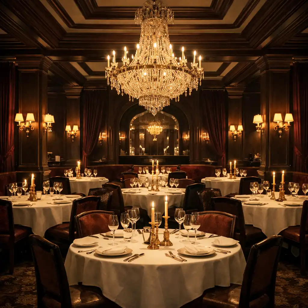Main dining room at Diningmavex with white tablecloths, gold accents, and a crystal chandelier