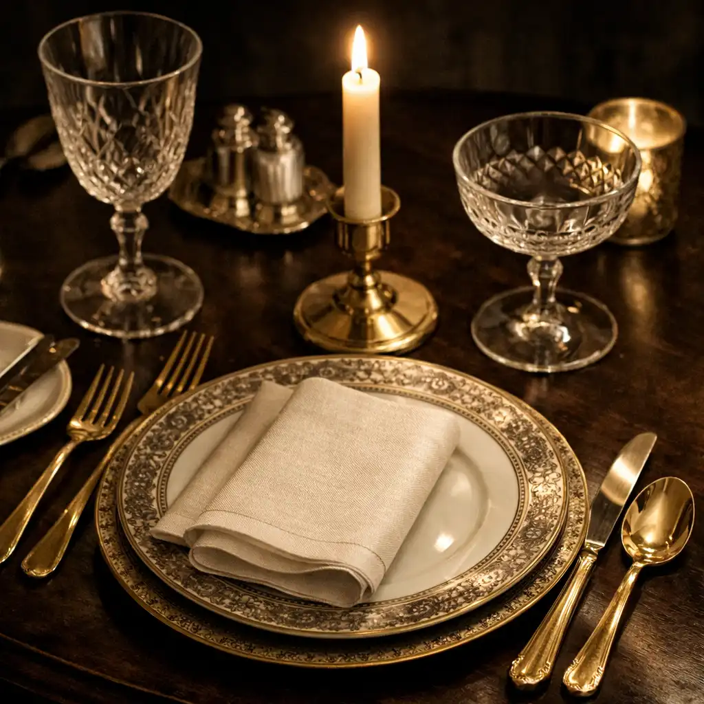 Private dining room table setting at Diningmavex with fine china, crystal glasses, and gold cutlery