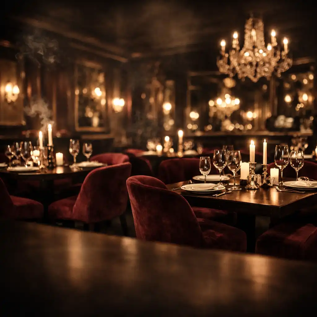 Diningmavex restaurant interior with dark wood tables, burgundy velvet chairs, and warm candlelight