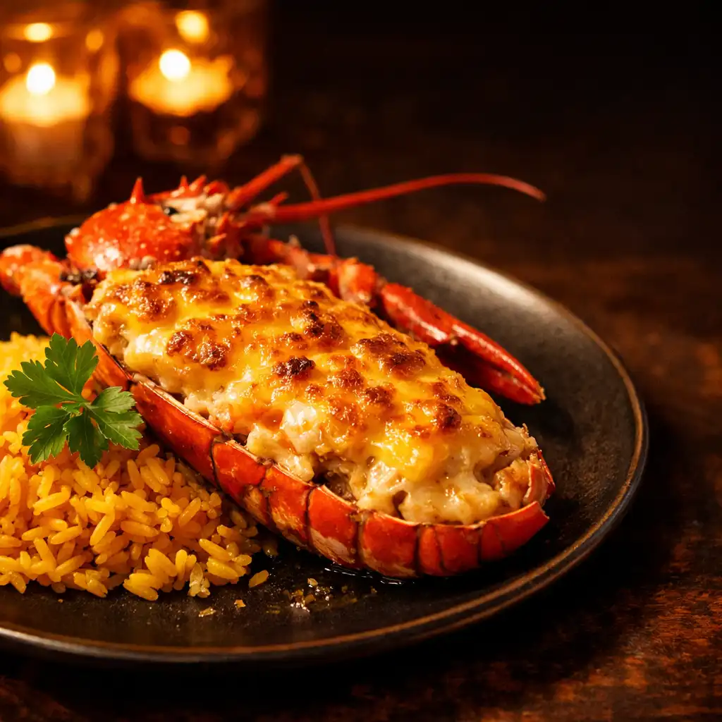 Lobster thermidor with cognac cream sauce and gruyère