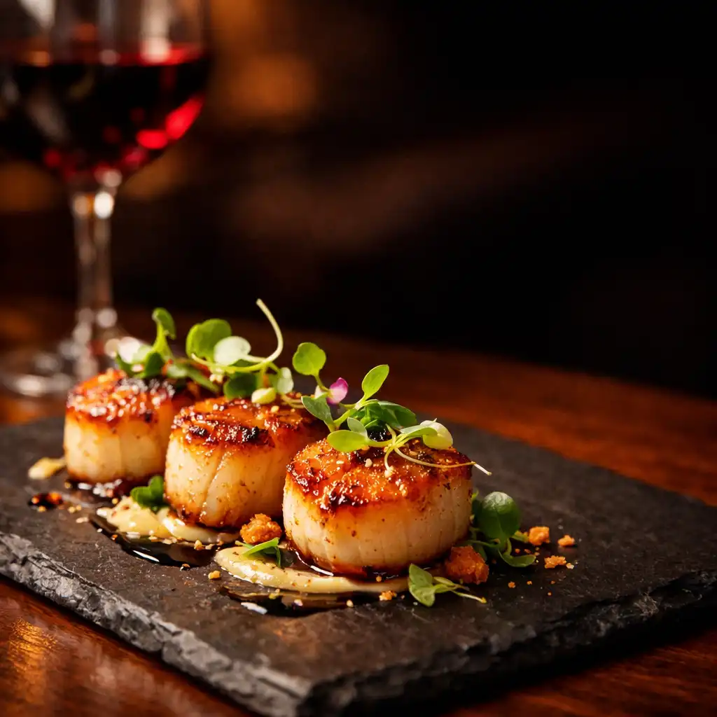 Seared scallops with microgreens on a dark slate plate in a dimly lit lounge