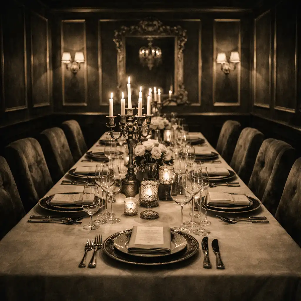Private dining room at Diningmavex with a long table set for eight guests, candelabras, and plush velvet chairs