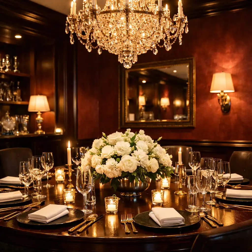 An elegant private dining room with a round table set for a corporate event, featuring dark wood, gold cutlery, and a crystal chandelier.