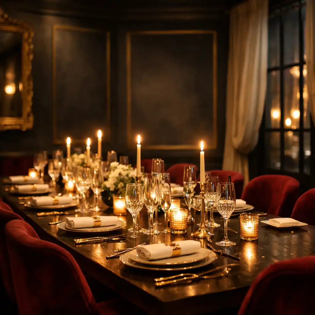 A luxurious private dining room with a long table set with fine china and crystal glasses, surrounded by plush burgundy velvet chairs and candlelight.