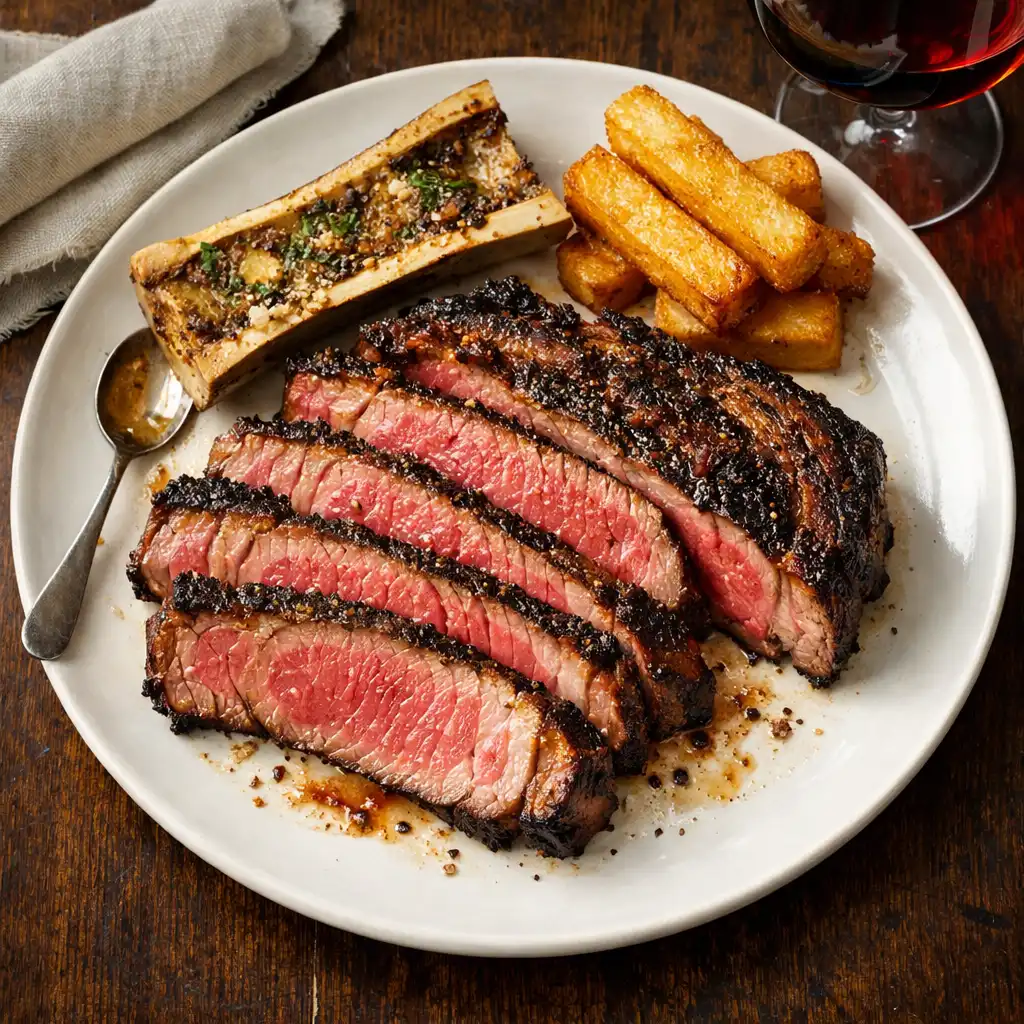 Dry-aged ribeye with truffle butter and roasted bone marrow