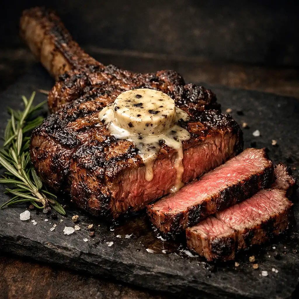 The Diningmavex Tomahawk steak on a dark slate board with truffle butter and rosemary