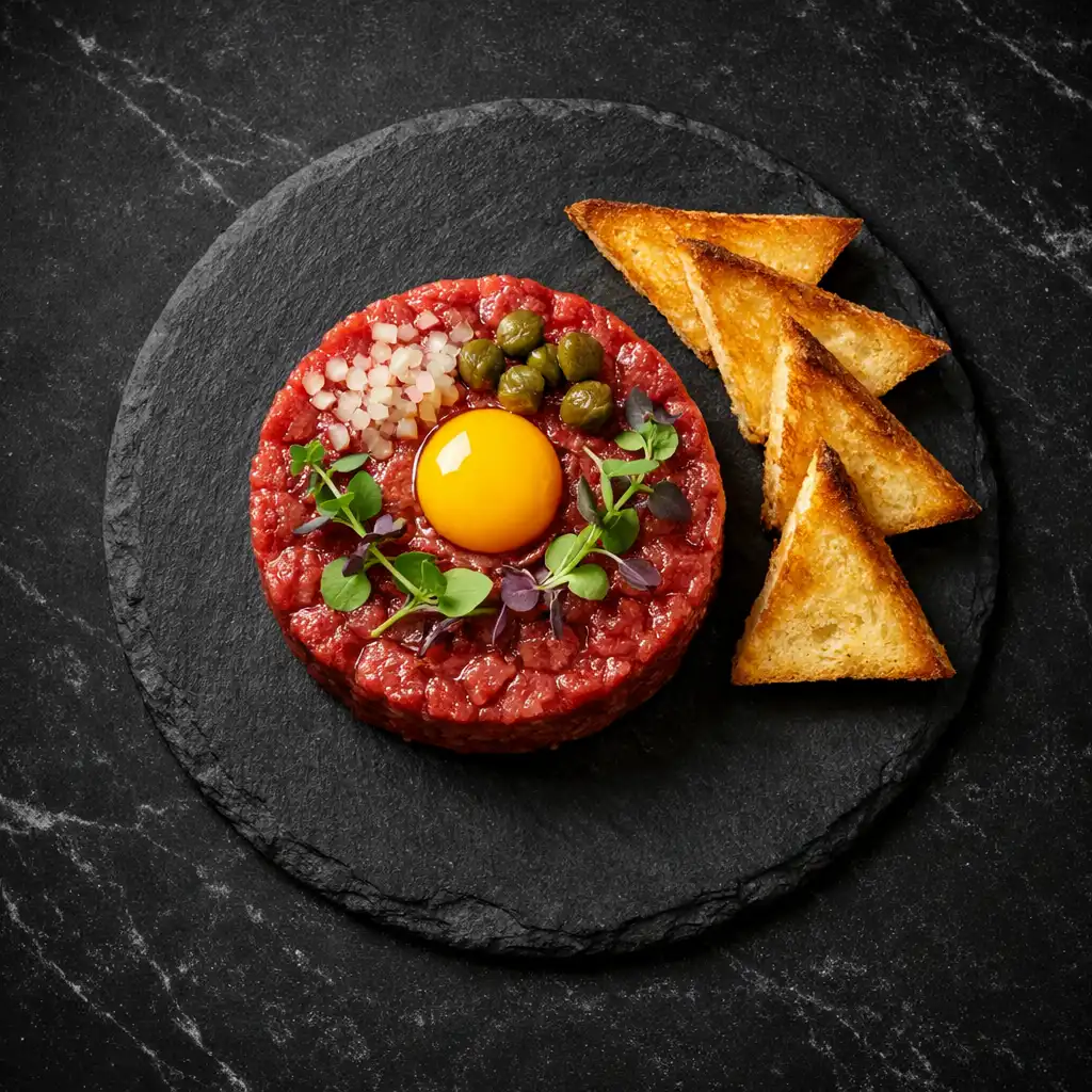 Hand-cut wagyu beef tartare with quail egg yolk and toasted brioche