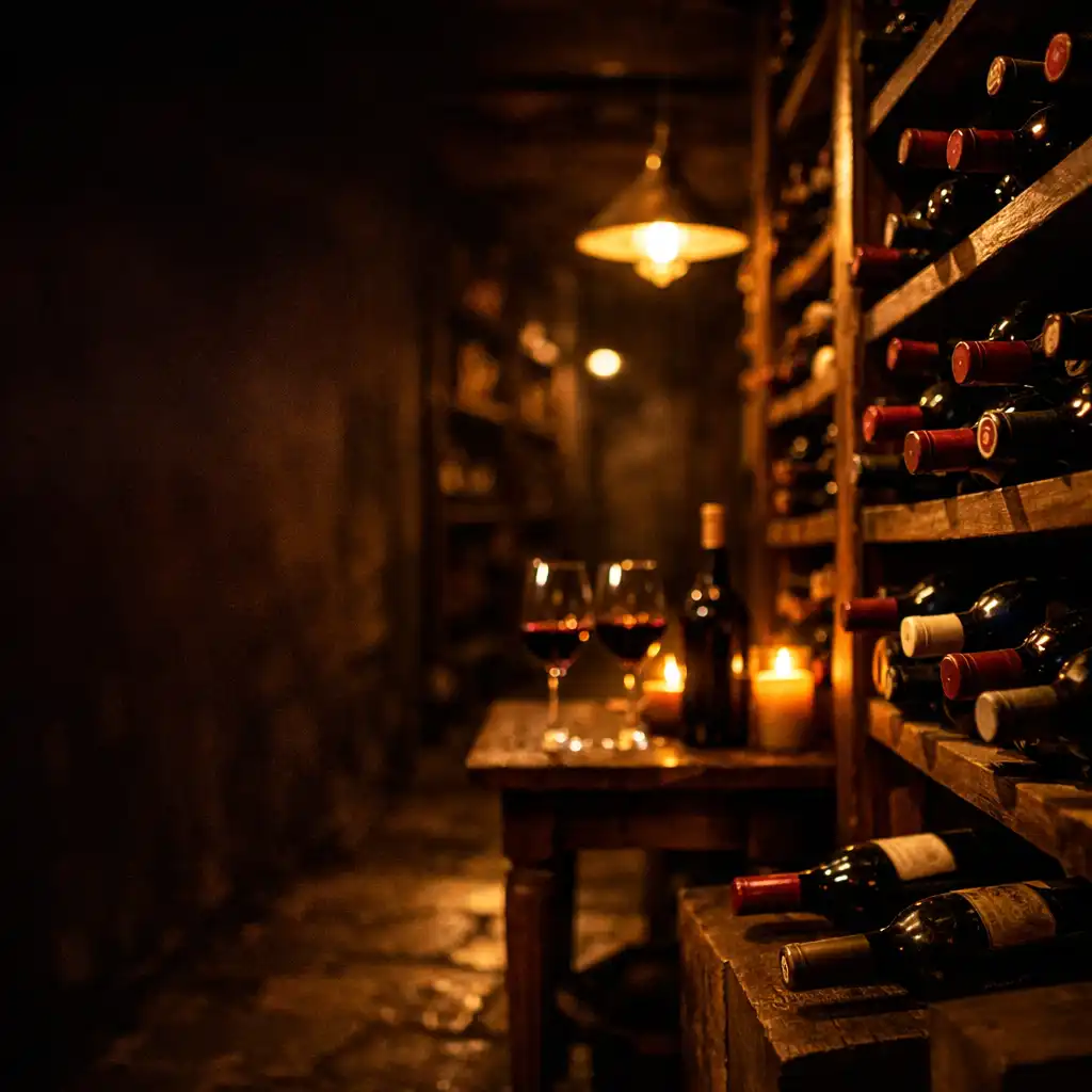 Dimly lit wine cellar with rows of bottles and a tasting table